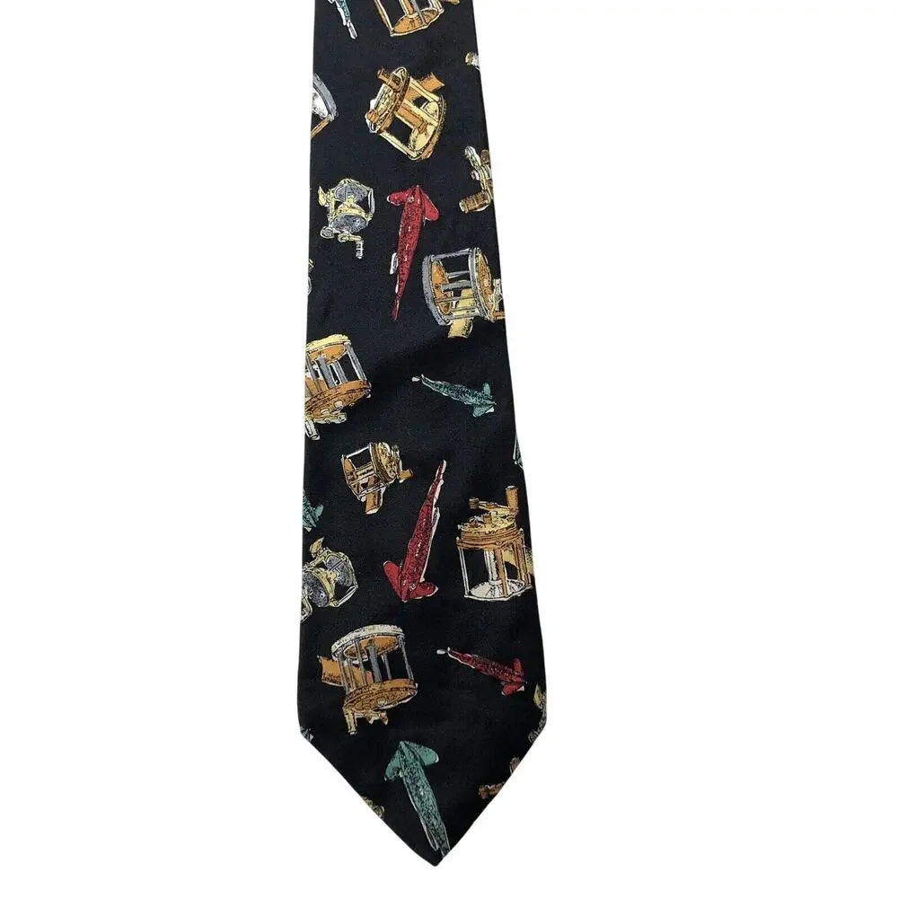 Fishing Silk Neck Tie USA Navy Blue Lures and Reels Red Tan Vintage Outdoors